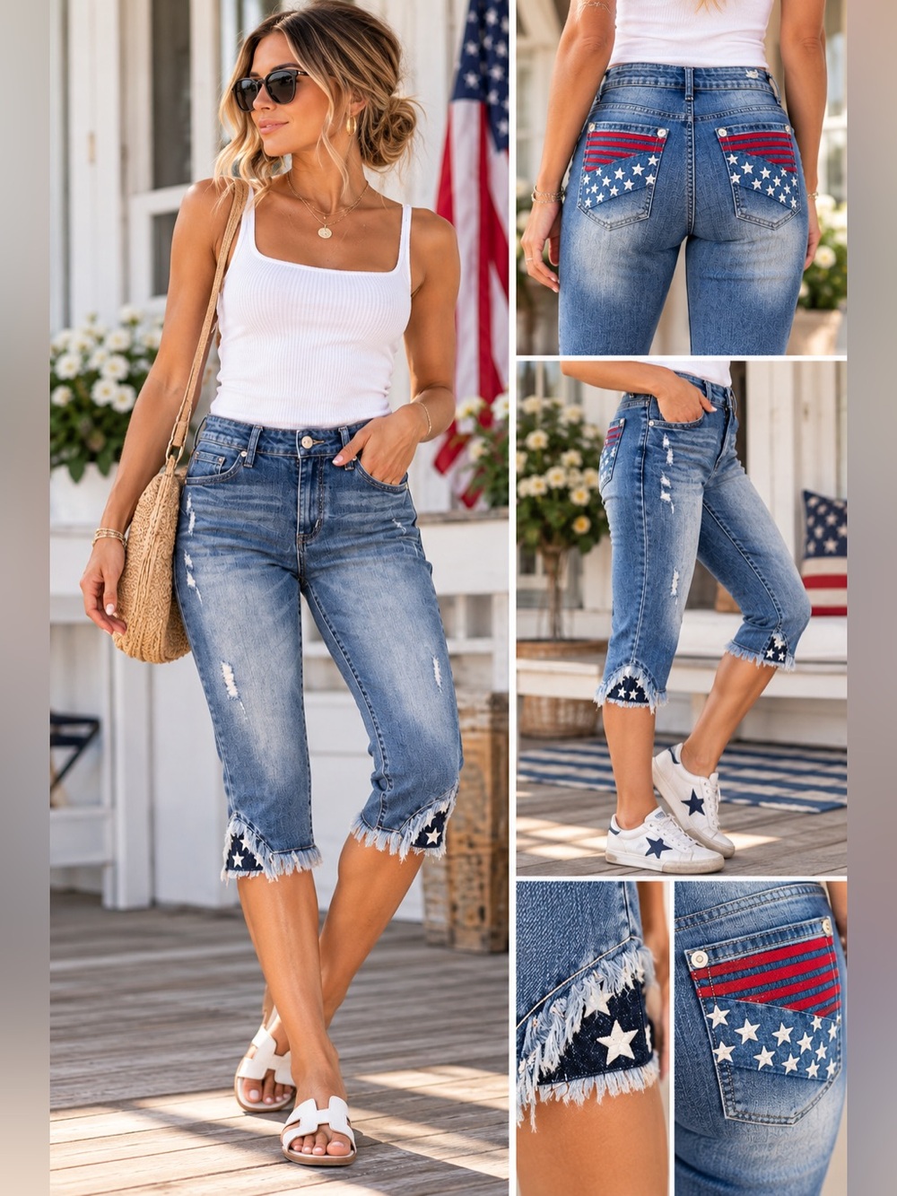 Flamingals Women’s Medium Patriotic Star Denim Capri Jeans NWT Distressed